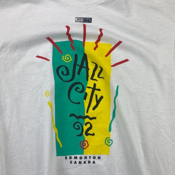 Vintage Hanes Beefy Tee 90s Shirt Men Large L White Jazz City 92 Edmonton 1992 - Picture 2 of 7